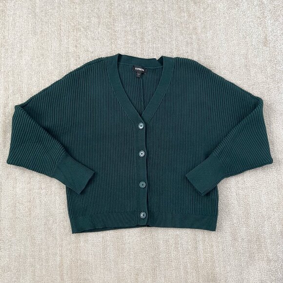 Express V-Neck Ribbed Cardigan Knit Green Sweater L - Picture 1 of 9